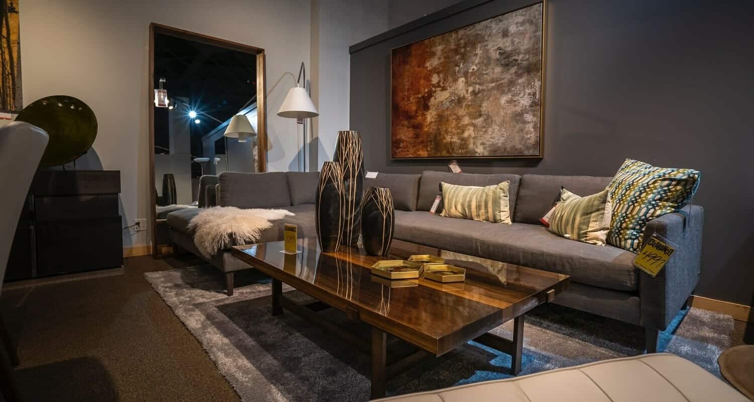 SFD Salt Lake City furniture store featuring modern sofa, coffee table, lamps, and more for a contemporary living room at our furniture store in Salt Lake City