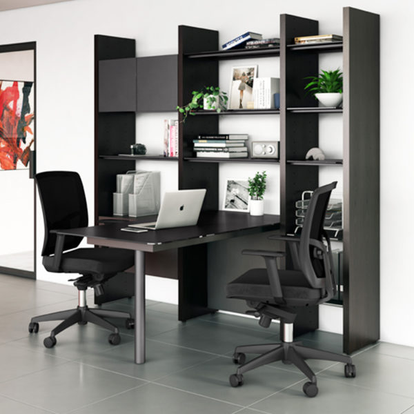 Dark Wood Modern Home Office Station with Desk & Contemporary Shelves