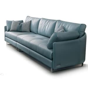 Blue modern genuine leather sofa for a contemporary living room