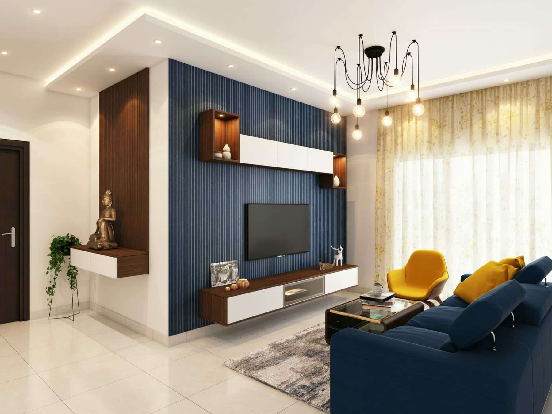 modern blue living room with blue and yellow modern furniture
