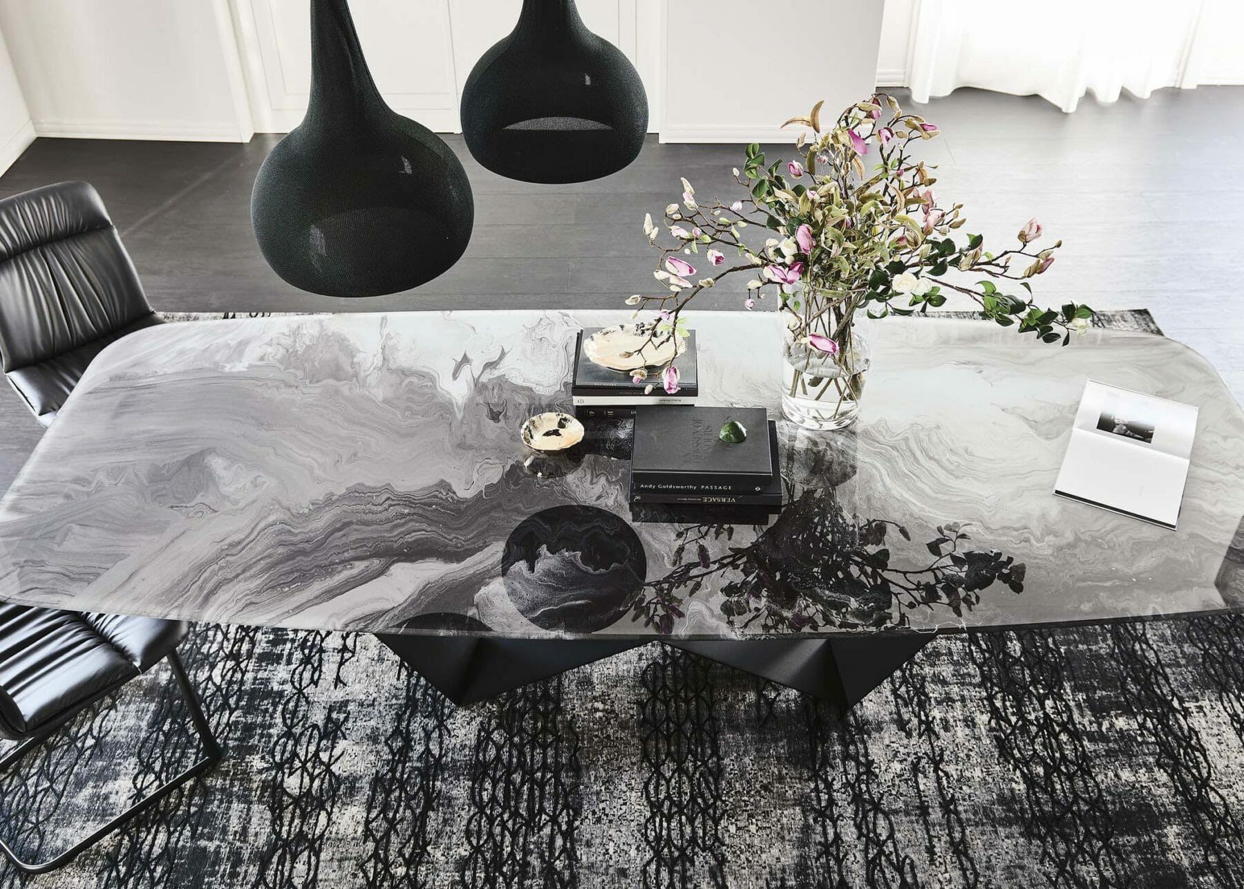 Monochromatic Centerpieces for a Modern Dining Room Available at San Francisco Design