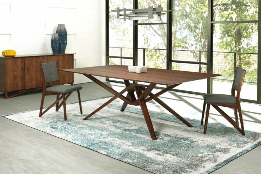 Wooden mid-century modern dining room table & upholstered dining chairs
