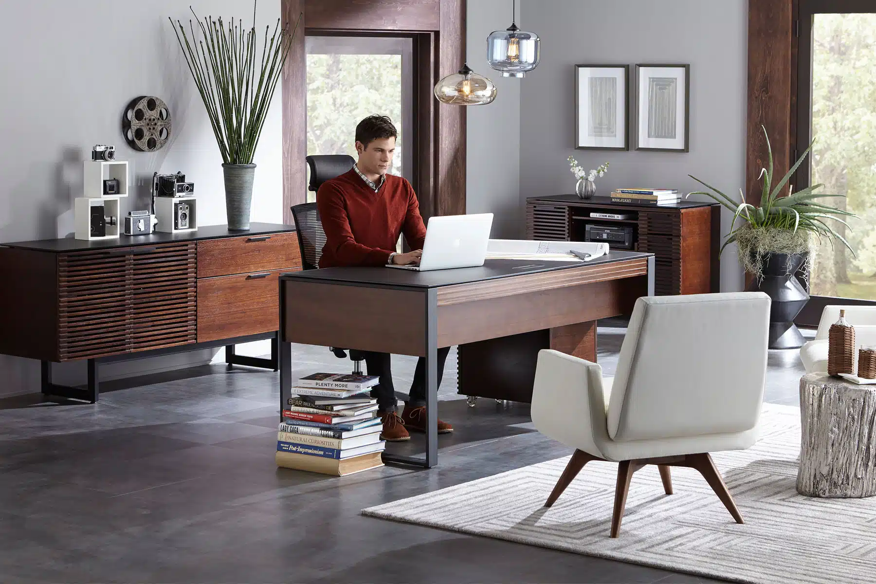 modern home office design with modern desk & accent chair