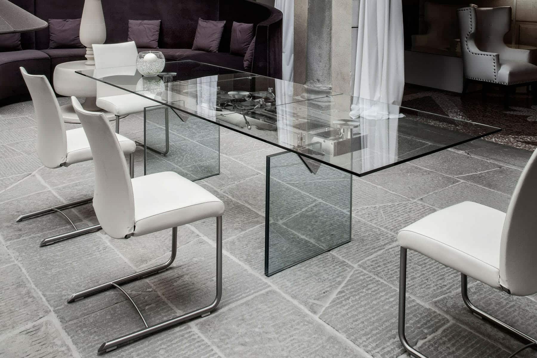Modern Glass Extendable Dining Table With White Modern Dining Chairs