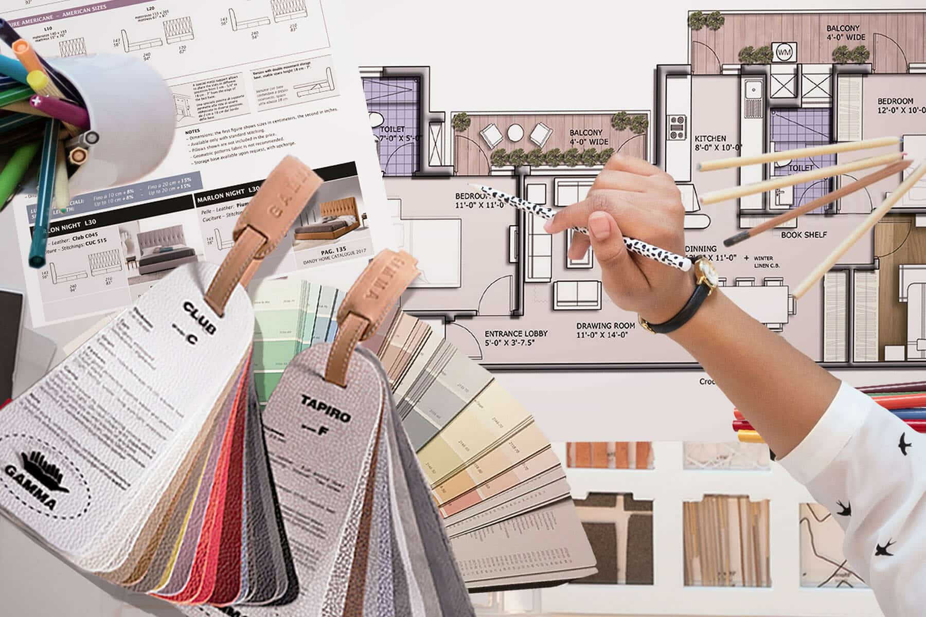 E Design Interior Design Blueprints, Color Swatches, and colored markers.