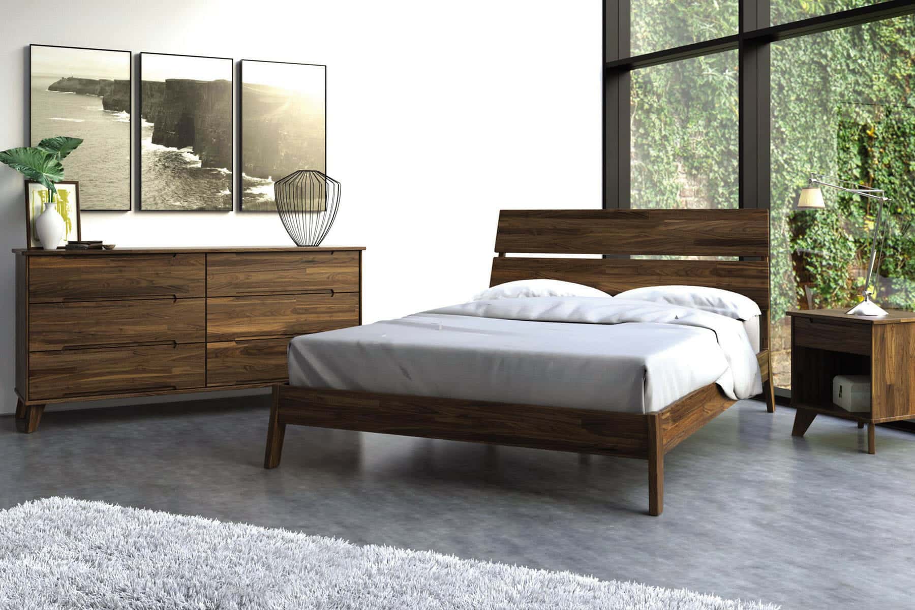 High Quality Contemporary Wooden Bed Frame with Matching Nightstand and Dresser