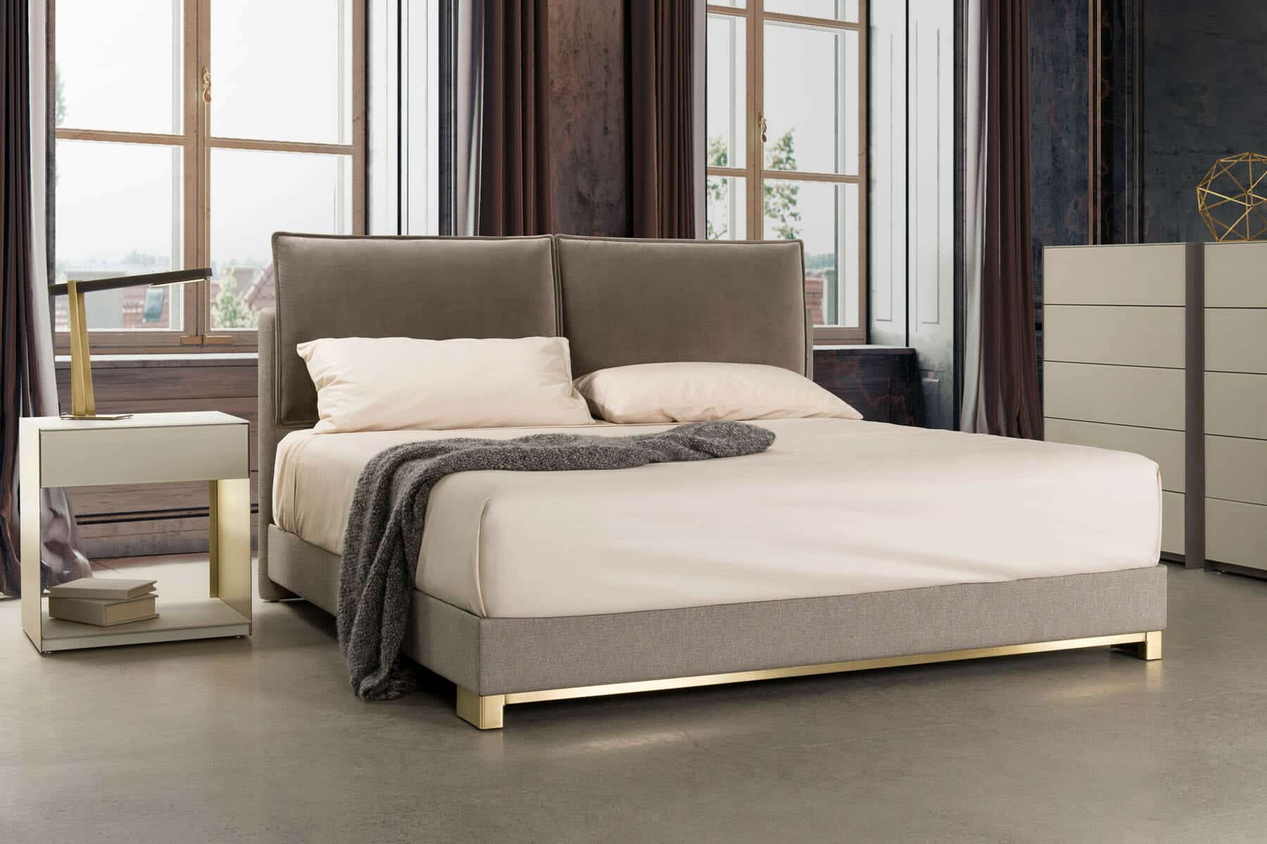 High Quality Gray Upholstered Bed Frame with Nighstand