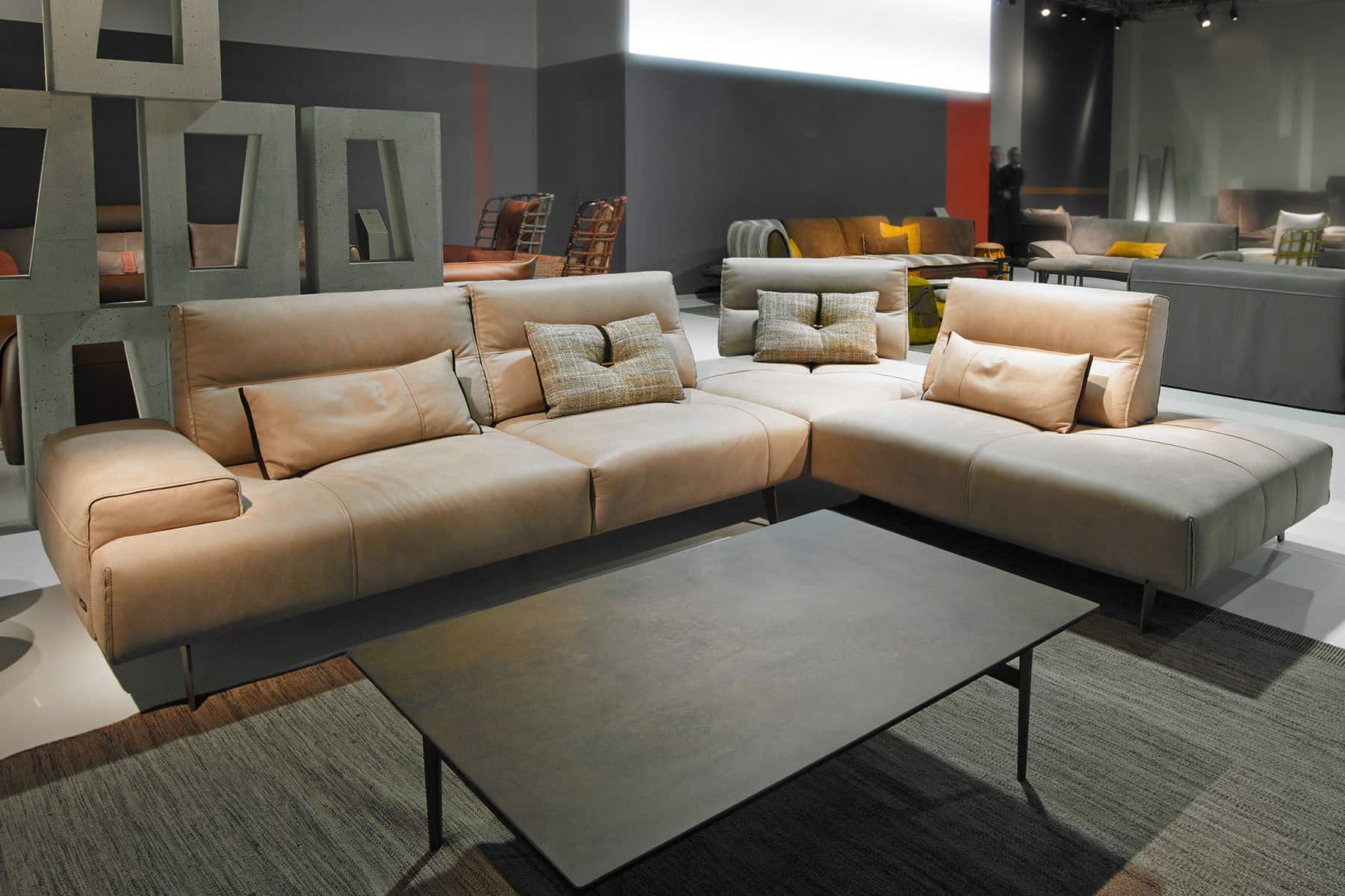 tan leather sofa with modern living room accents