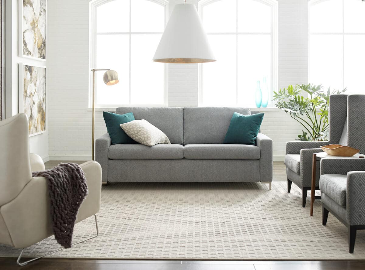 Gray Modern Sleeper Sofa in Living Room with Contemporary Accent Chairs