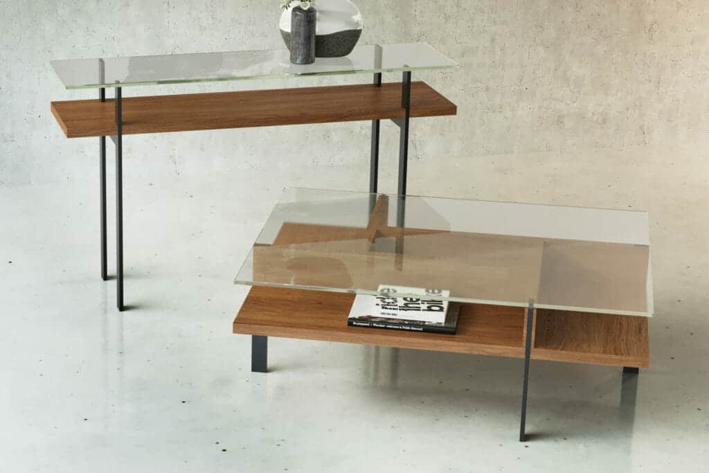 Contemporary wood coffee table with glass top next to matching sofa table.