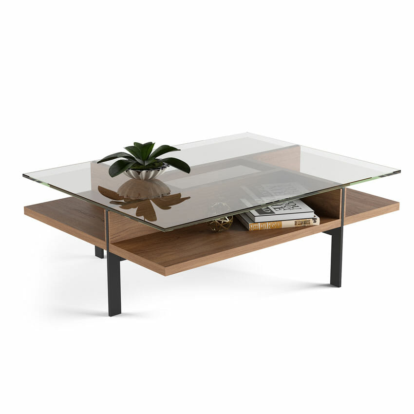 Coffee Table with glass tabletop with natural wood finish and contemporary modern interior design style
