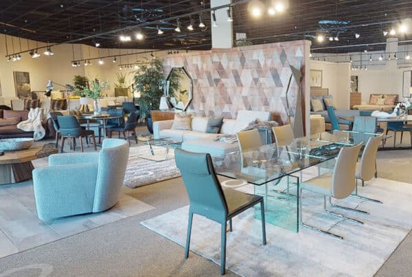 Modern dining table, chairs, and contemporary home decor in San Francisco Design Park City furniture store
