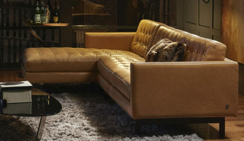 Brown leather, mid-century modern sofa couch