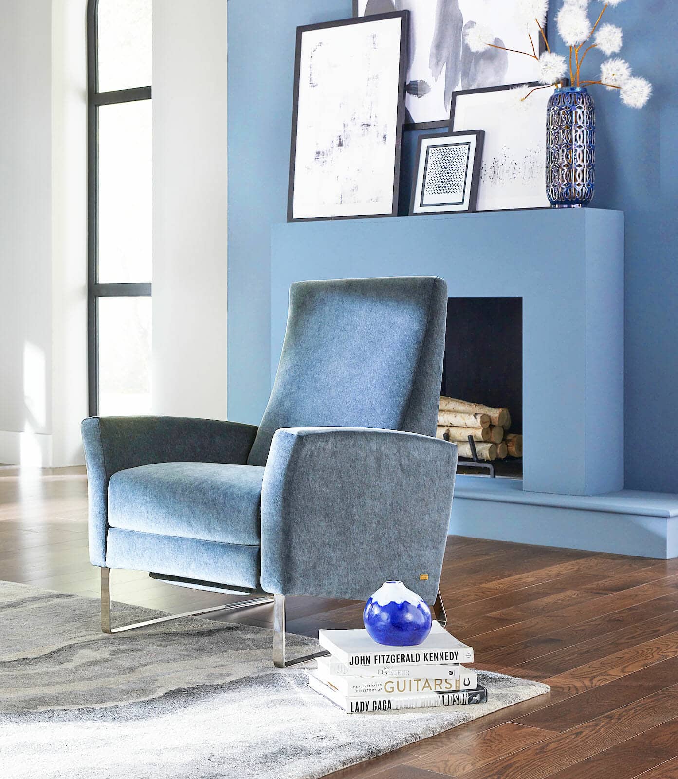 blue accent chair, blue velvet recliner