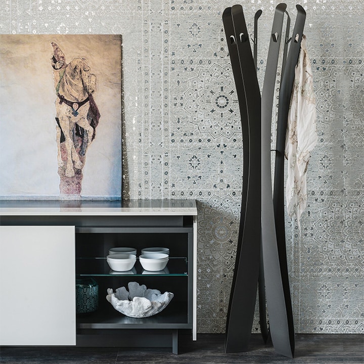 Contemporary coat rack, dining storage cabinet, artwork, and wallpaper