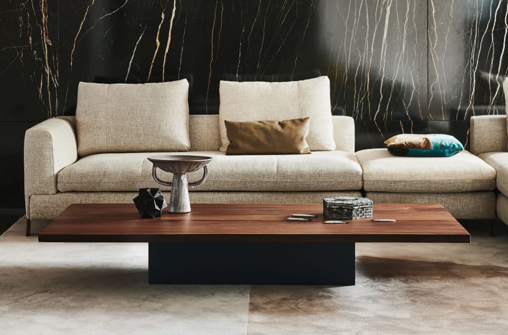 luxury midcentury modern cream couch and coffee table
