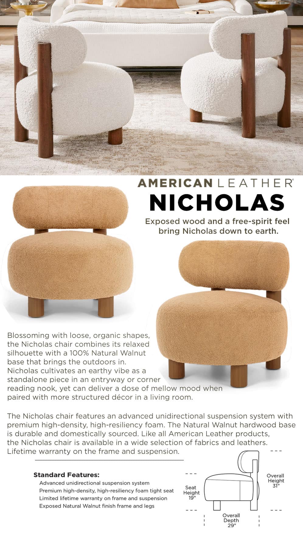 American Leather Nicholas Chair Features & Dimensions - Exposed wood and a free-spirit feel bring Nicholas down to Earth
