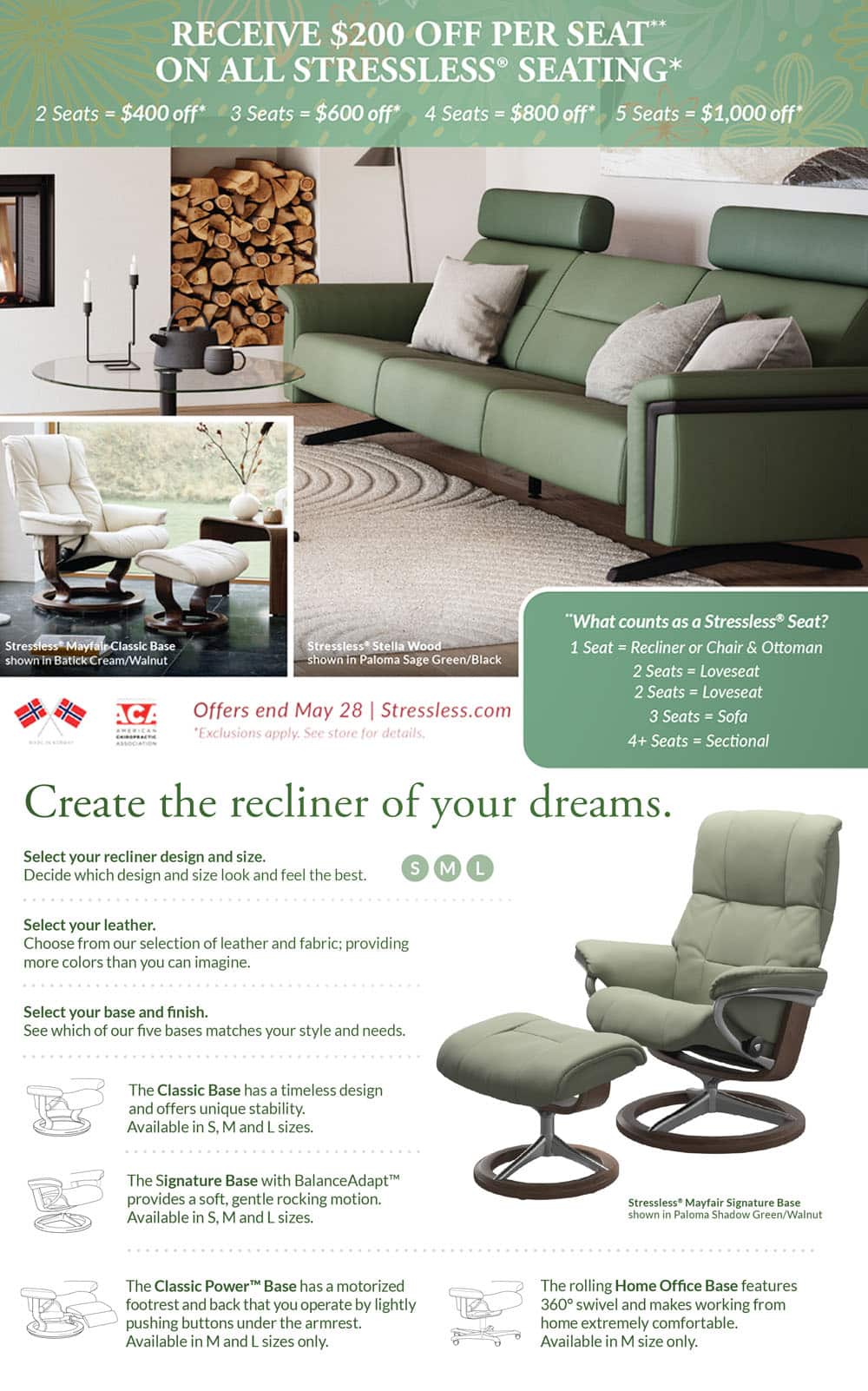 Receive up to $1000 off discount on all stressless seating at San Francisco Design in Salt Lake City and Park City Utah