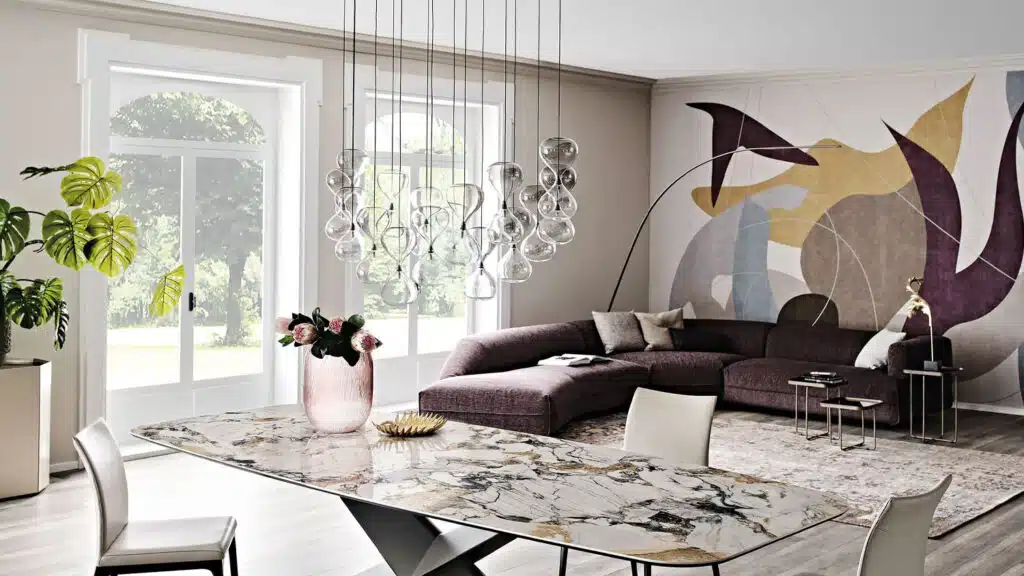 Luxurious modern living room featuring custom furniture, personalized finishes, and warm neutral tones